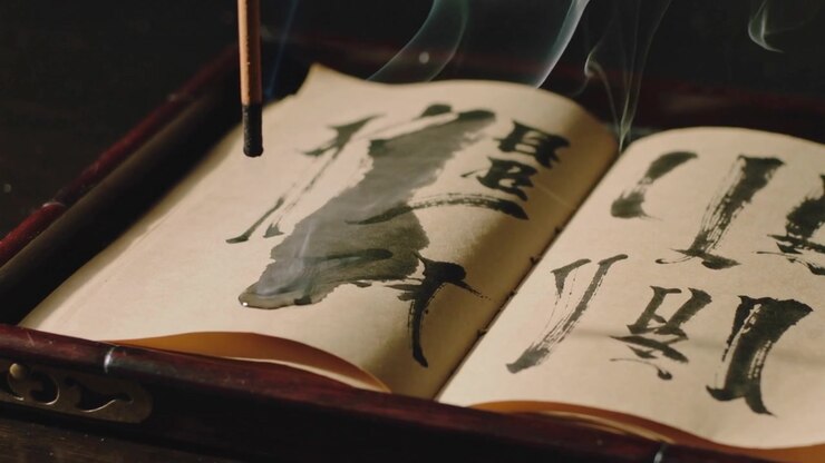 Incenso che cova emette fumo sopra un libro di calligrafia aperto in un vassoio su una scrivania scura, con una chiazza che si espande.