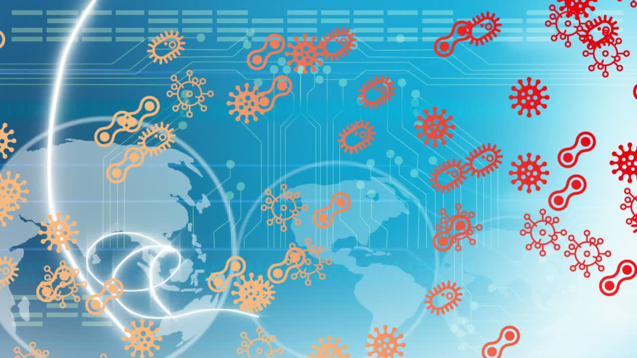 다중 코로나 바이러스 세포가 지구를 날아다니며 회전하는 애니메이션