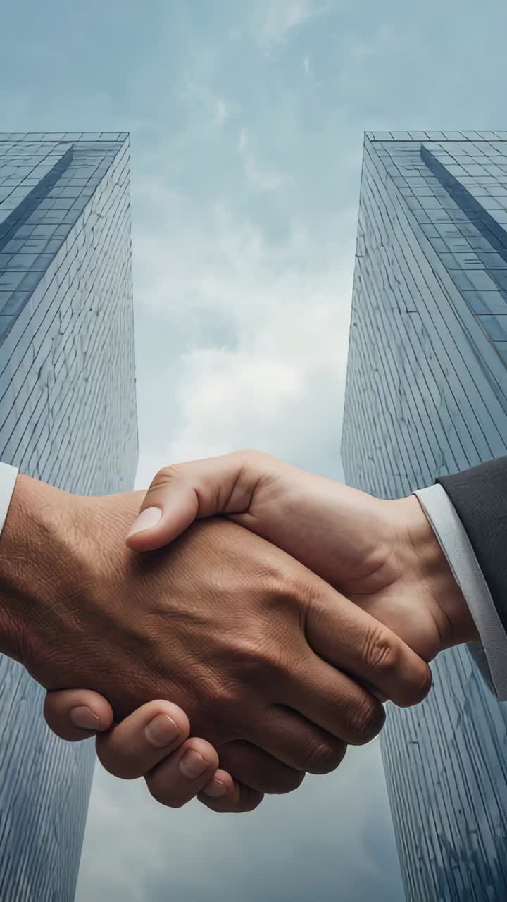 Vertical video: Camera rising between towers, partners shaking hands with suit cuffs, sealing deal