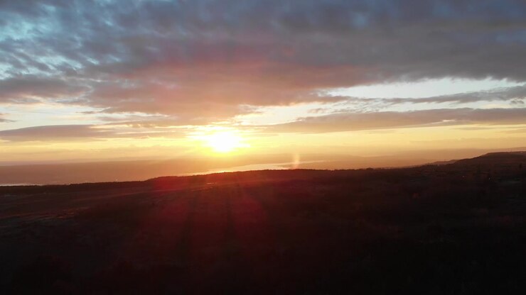 Vista aérea de un atardecer sobre un bosque de coníferas