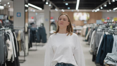 shopper walking through cloth store surrounded by racks of male and female clothing, gazes thoughtfully in brightly lit retail environment with a blurred background of apparel displays and signage