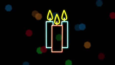 Animation-of-neon-candles-and-christmas-fairy-lights-flickering-over-black-background