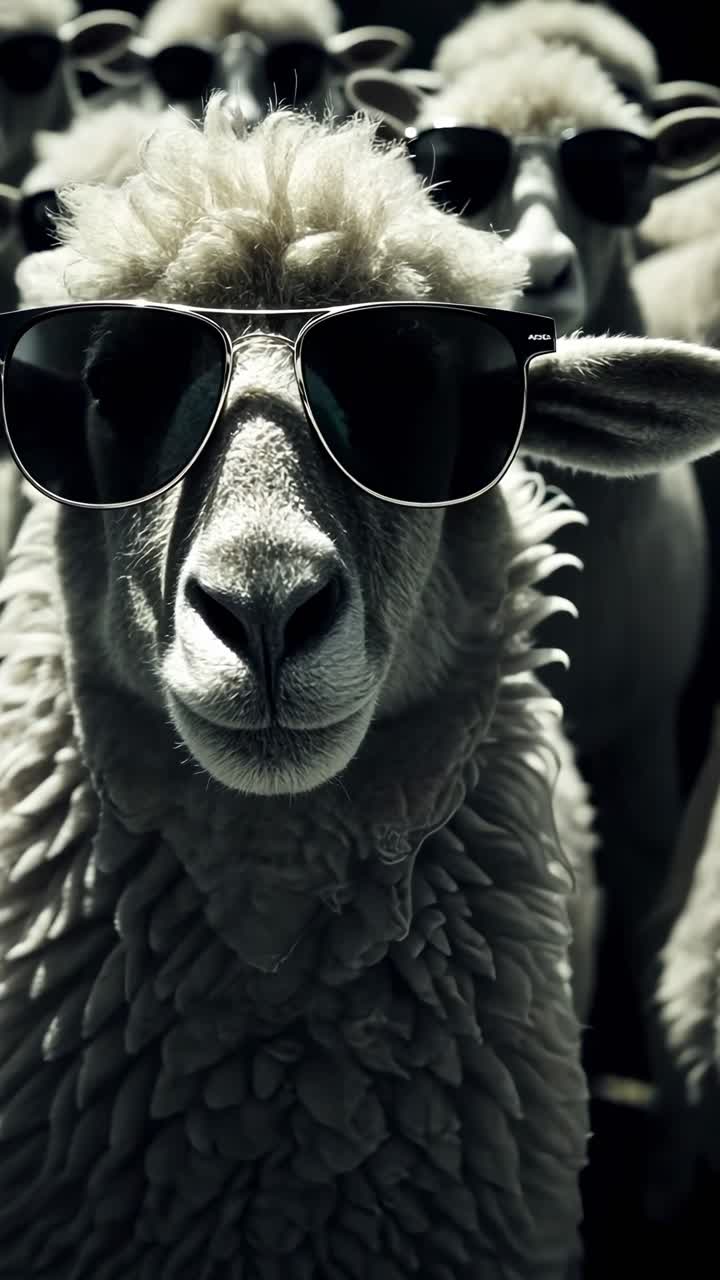 A group of sheep wearing sunglasses in a dramatic, low-angle shot