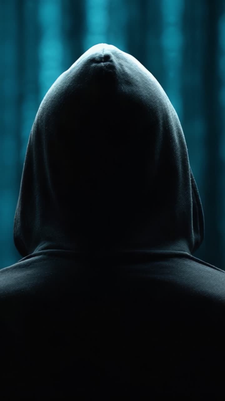 Una Misteriosa Figura Incappucciata si Erge Contro uno Sfondo Bluastro, Avvolta nell'Ombra, Evocando Intrigo ed Enigma in una Scena Visiva Suggestiva