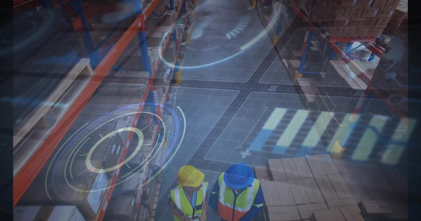 Two warehouse staff walking aisle with tablet, causing sensor overlays while one inspecting stock