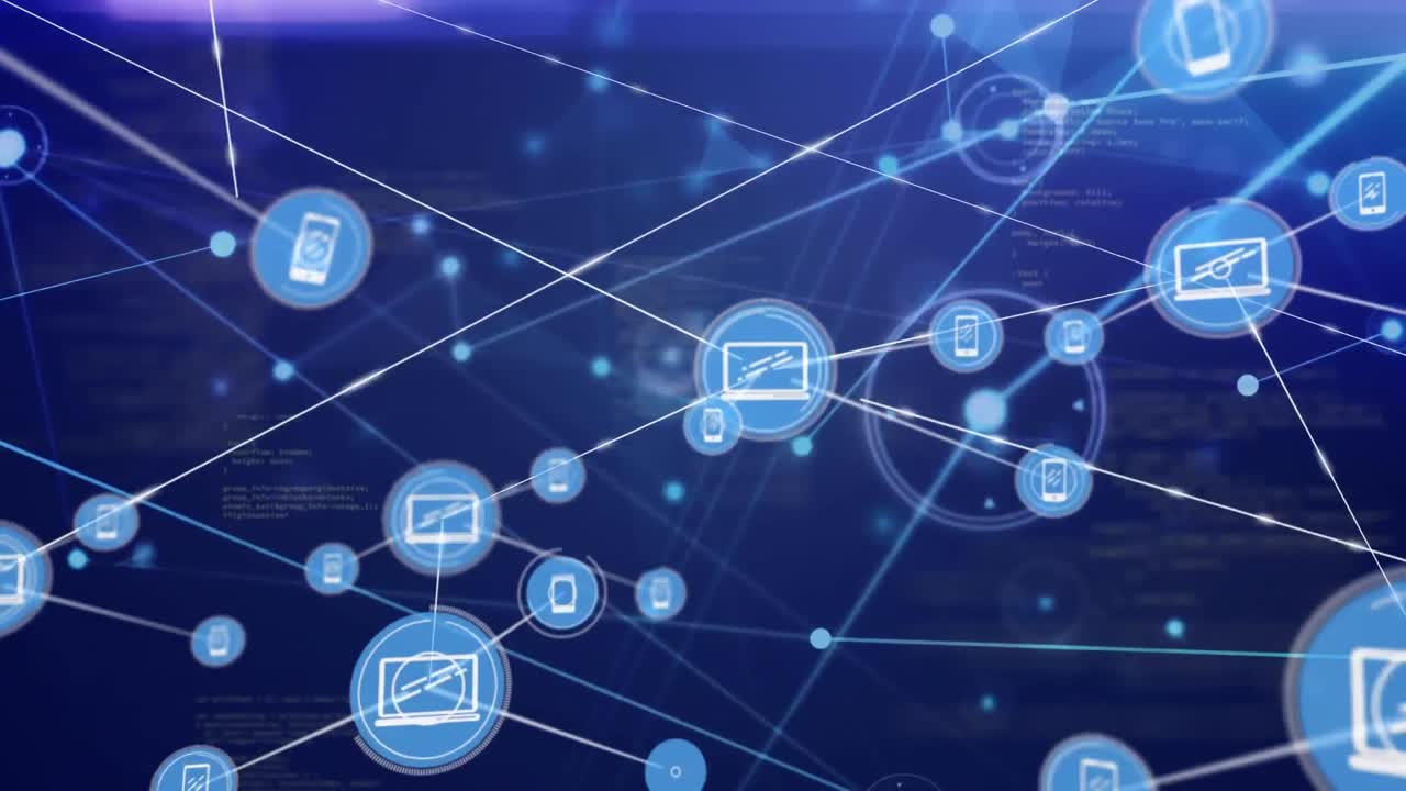 animación de la red de conexiones con iconos digitales y procesamiento de datos sobre fondo azul