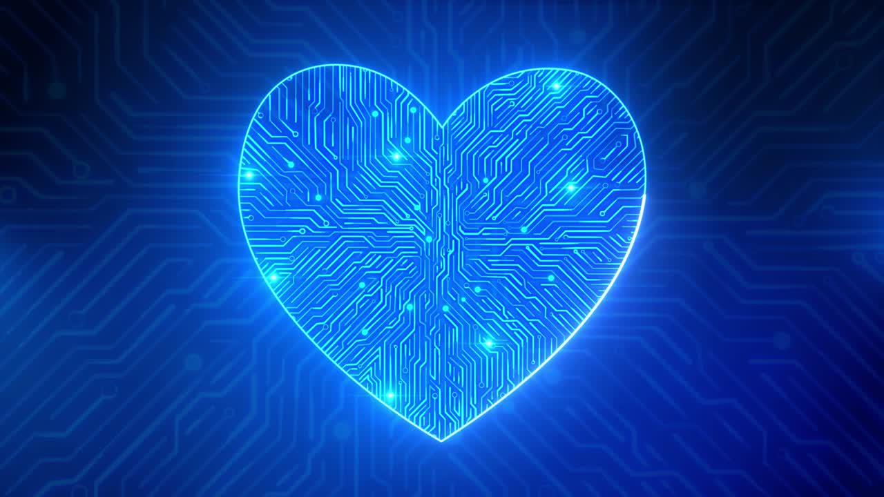 cuore digitale astratto sfondo del ciclo tecnologico globale, modello di scheda di circuito blu, microchip, linea elettrica.