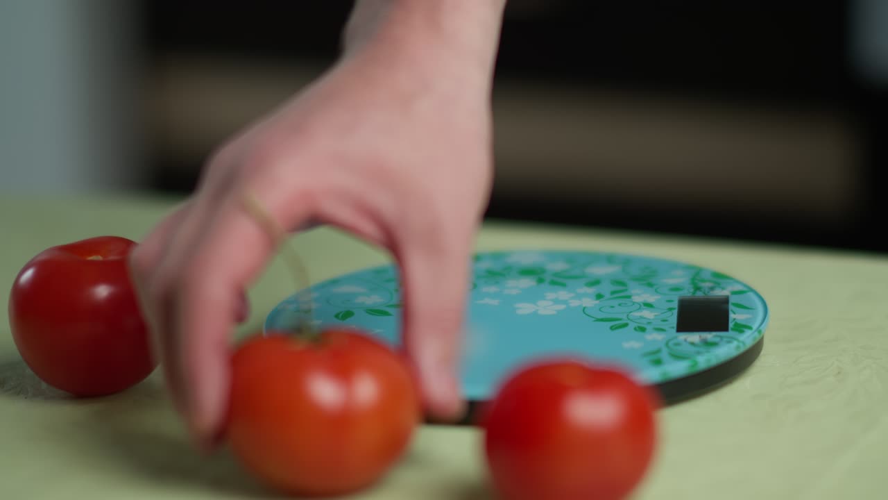 A man weighs several ripe tomatoes on a kitchen scale
