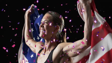 animación de confeti cayendo sobre atleta caucásica con bandera de los ee.uu. en fondo negro