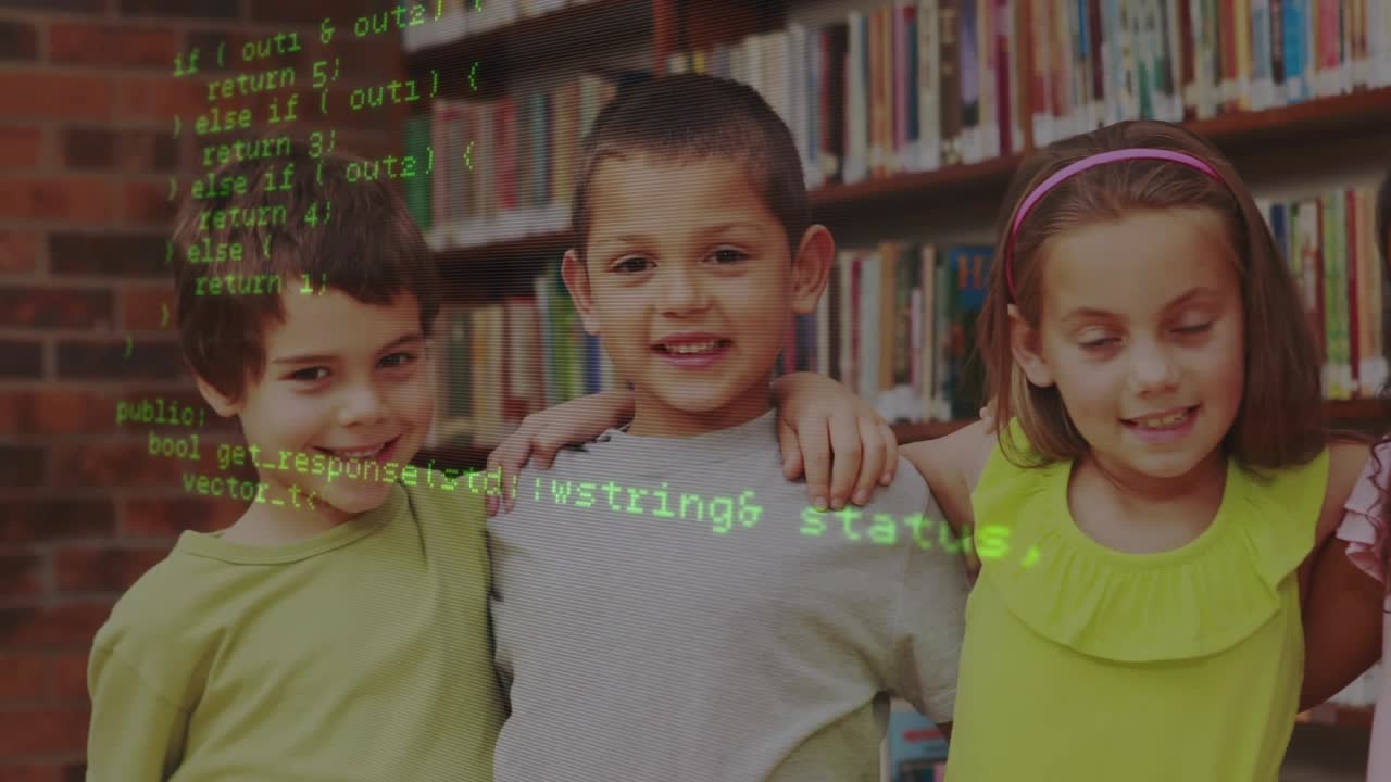 Children posing in education library, code overlay scrolling revealing faces on playback