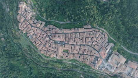 top down aerial drone view of the hilltop medieval town of pitigliano, tuscany in morning light, with red tile roofs and old buildings, in 4k