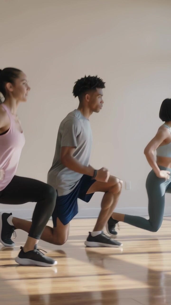 Vertical video: Marching man in gray tee with watch moving into lunges in bright studio for workout