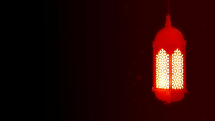 Lanterna celebrativa luminosa appesa al soffitto su sfondo scuro. Sfondo animato islamico Ramadan Kareem. Animazione 3D in loop.