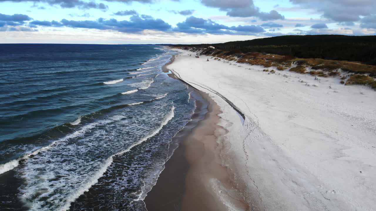 Aerial View of a Sandy Beach with Waves