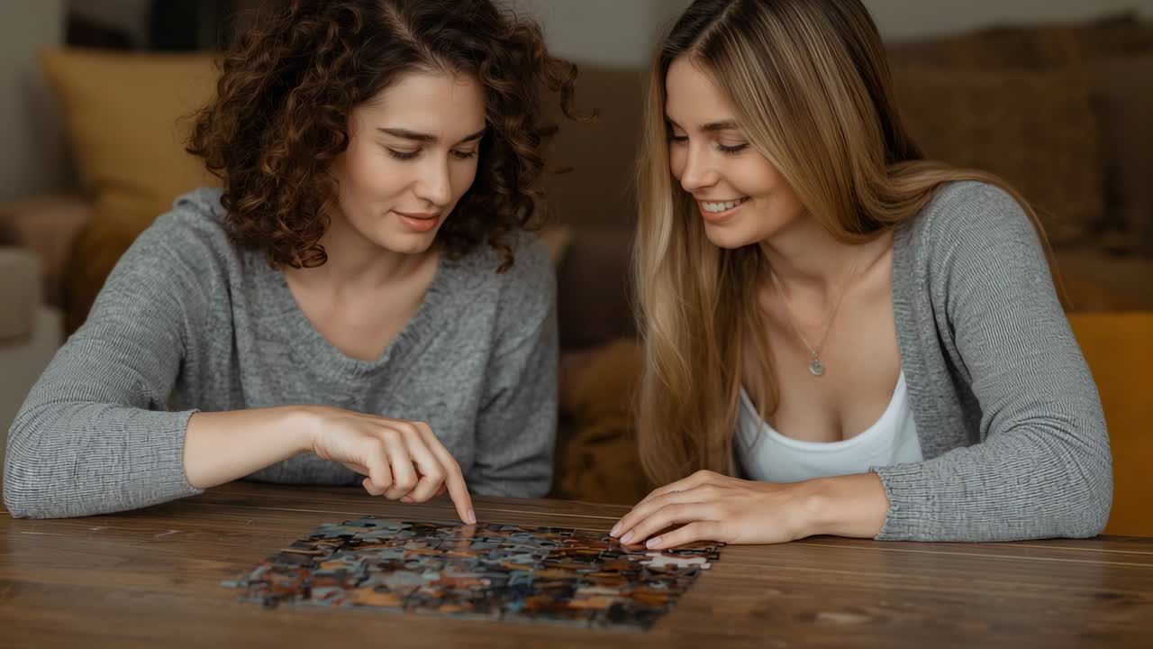 Scansione di elementi, due donne in abiti casual che indicano, adattando gli elementi per completare il puzzle a casa