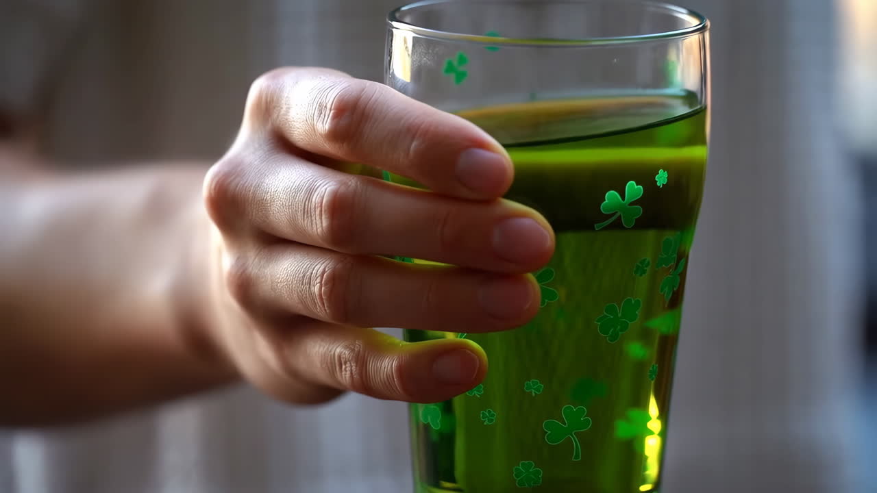 Hand holding a glass of green St. Patrick's Day drink with shamrocks