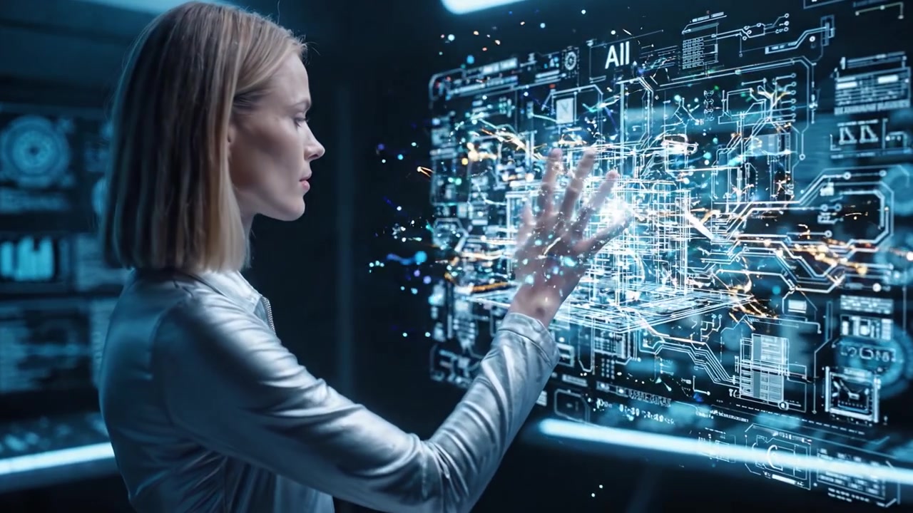 Futurystyczna odkrywczyni wykorzystująca cyfrową energię: Kobieta w eleganckim srebrnym kombinezonie mistrzowsko manipulująca interaktywną technologią w środowisku high-tech