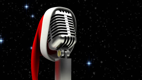 Animation-of-stars-falling-over-microphone-with-christmas-hat-on-dark-background