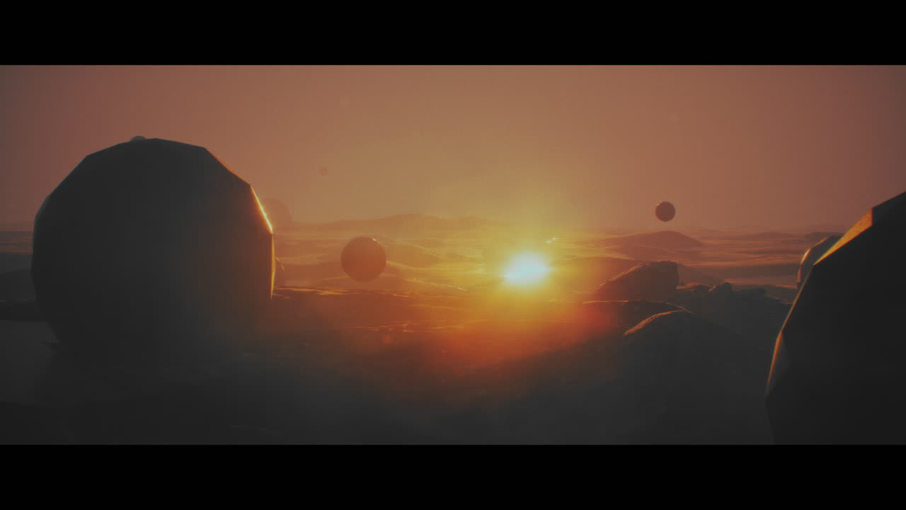 Alien planet desert landscape during sunset with strange sphere-shaped buildings