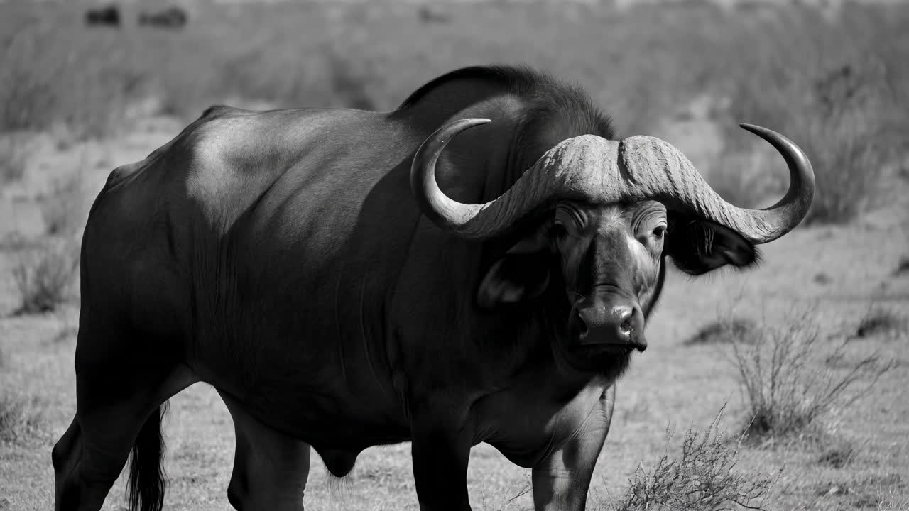 Powerful African Buffalo Standing in Black and White Savanna