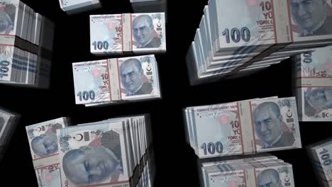 flight over the turkish lira money banknote packs loop animation