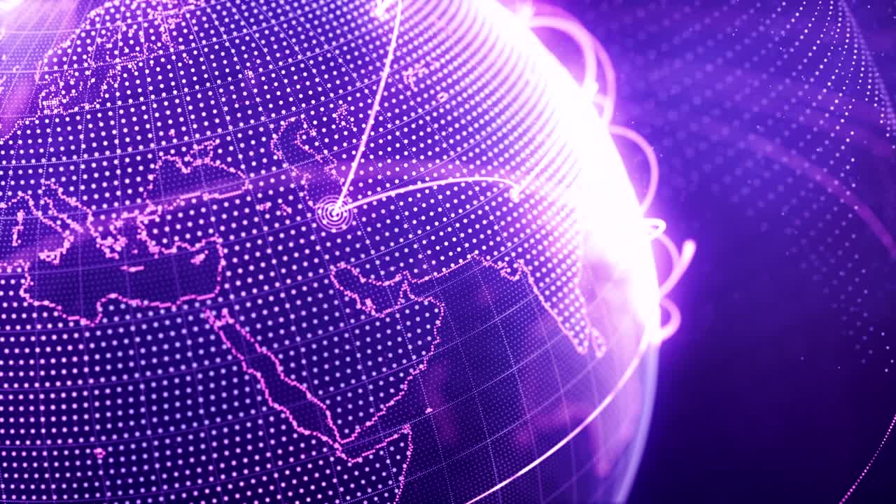 particle world with a growing global network - purple close-up loop