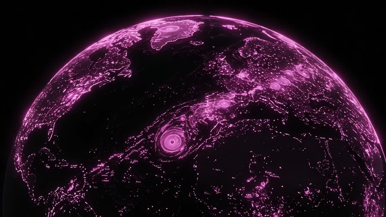 Spectacular Visualization of Earth Illuminated in Radiant Pink, Showcasing Weather Patterns and Atmospheric Phenomena in a Digital Cosmos