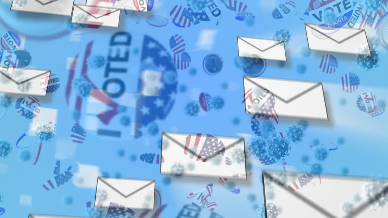 múltiples iconos de sobres, insignias de voto y células covid que se mueven contra un fondo azul