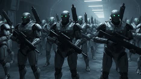 a formidable assembly of futuristic combat robots stands in a dimly lit corridor, ready for action, showcasing advanced technology and military preparedness in a sci-fi setting.