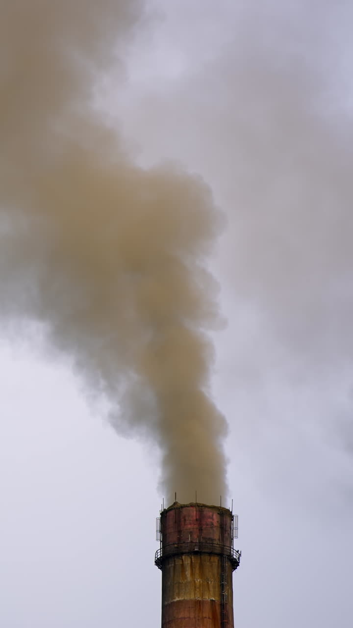 Smoking chimney against the grey sky. Air pollution. Thick smoke goes from industrial pipe. Ecological disaster. Harmful emissions fill the air in the evening. Vertical video