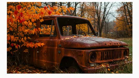 a weathered classic: an abandoned truck surrounded by vibrant autumn leaves, capturing the essence of decay and nature's embrace in a serene landscape