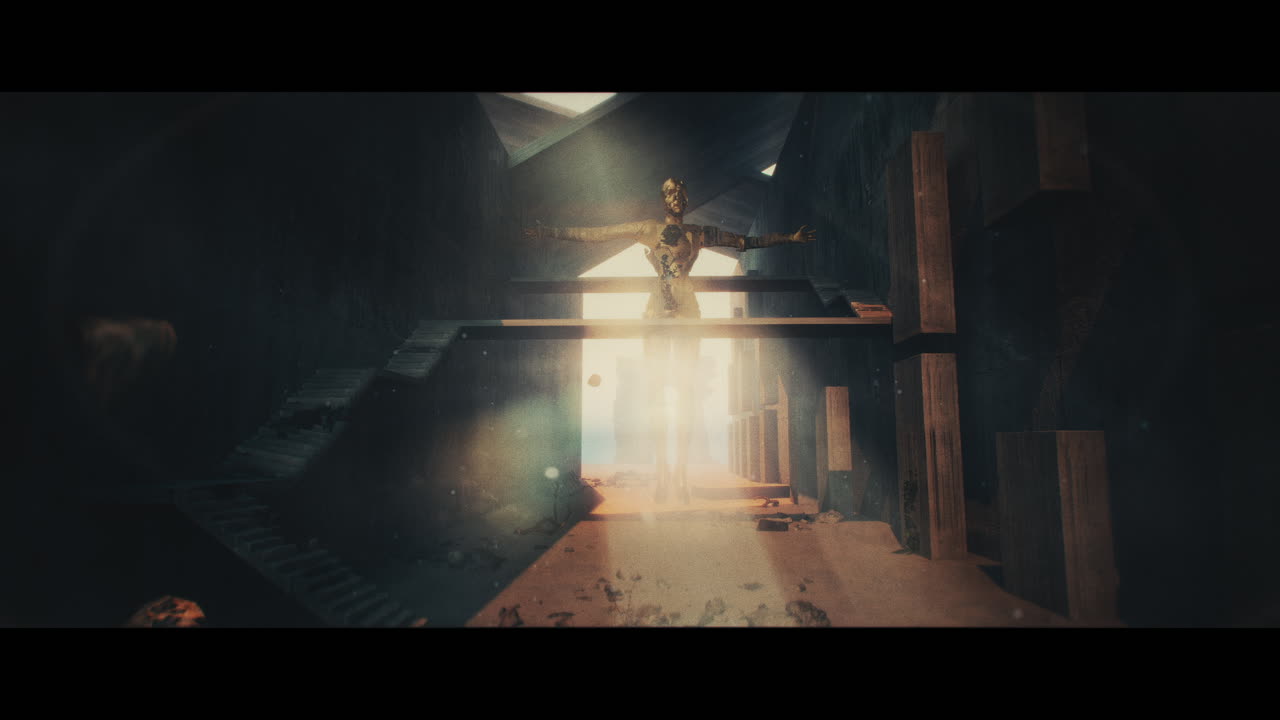 Ancient Robotic Figure in a Desolate Futuristic Corridor