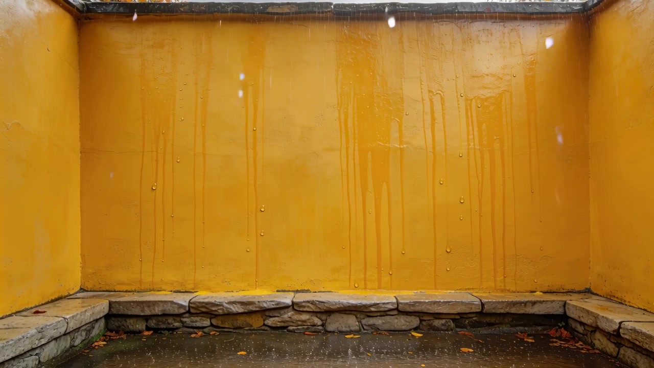 Lluvia cayendo de cielo gris creando rayas en pared amarilla, acumulándose en banco de piedra en patio