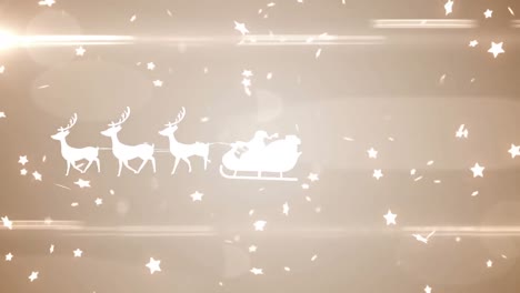 animation of glowing stars falling over santa claus in sleigh with reindeer