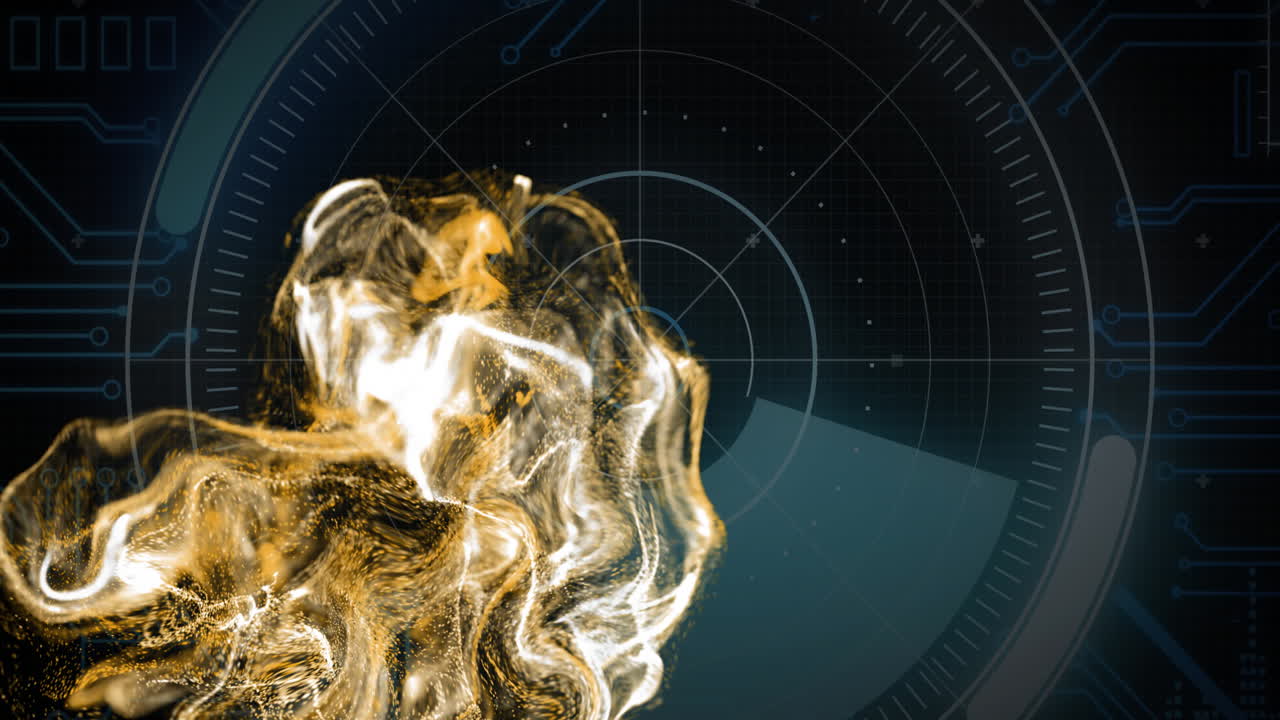 Abstract golden fluid animation over digital radar interface