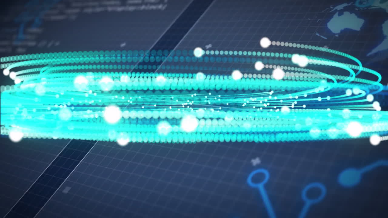 Animation of glowing data stream and digital connections over world map background