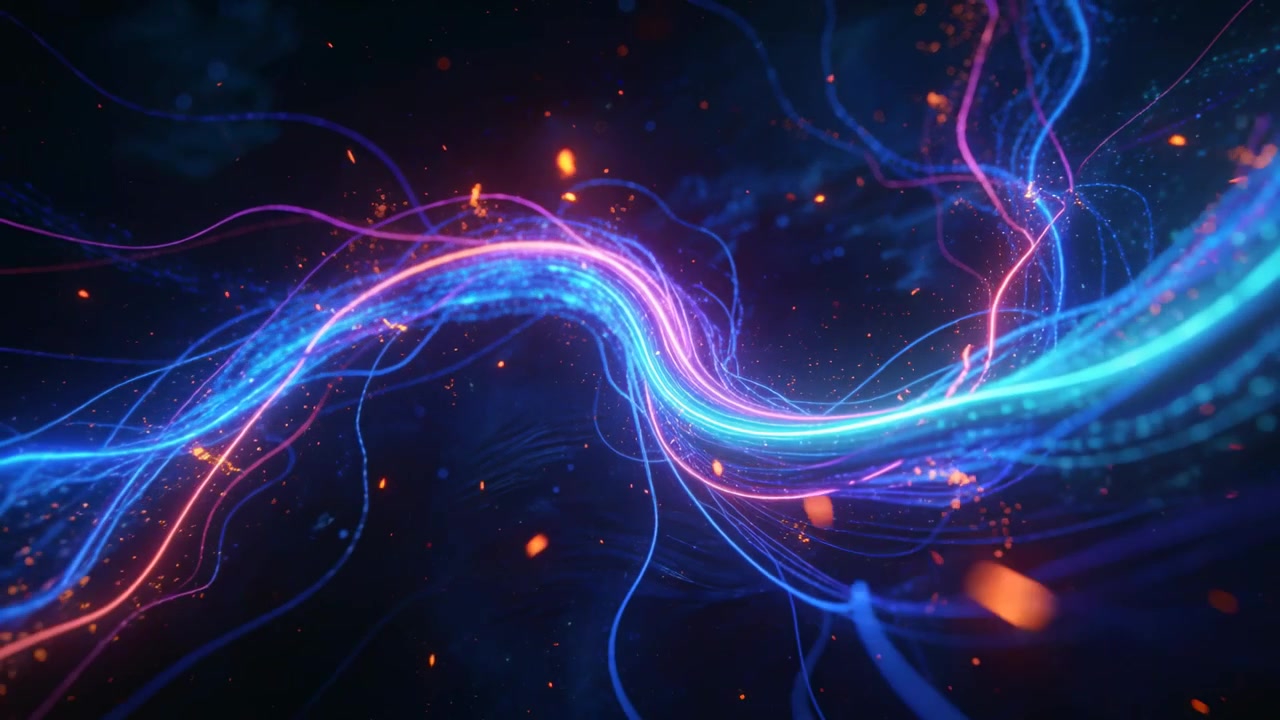 Entering from right braided cyan magenta ribbon flowing left through nebula, emitting orange embers