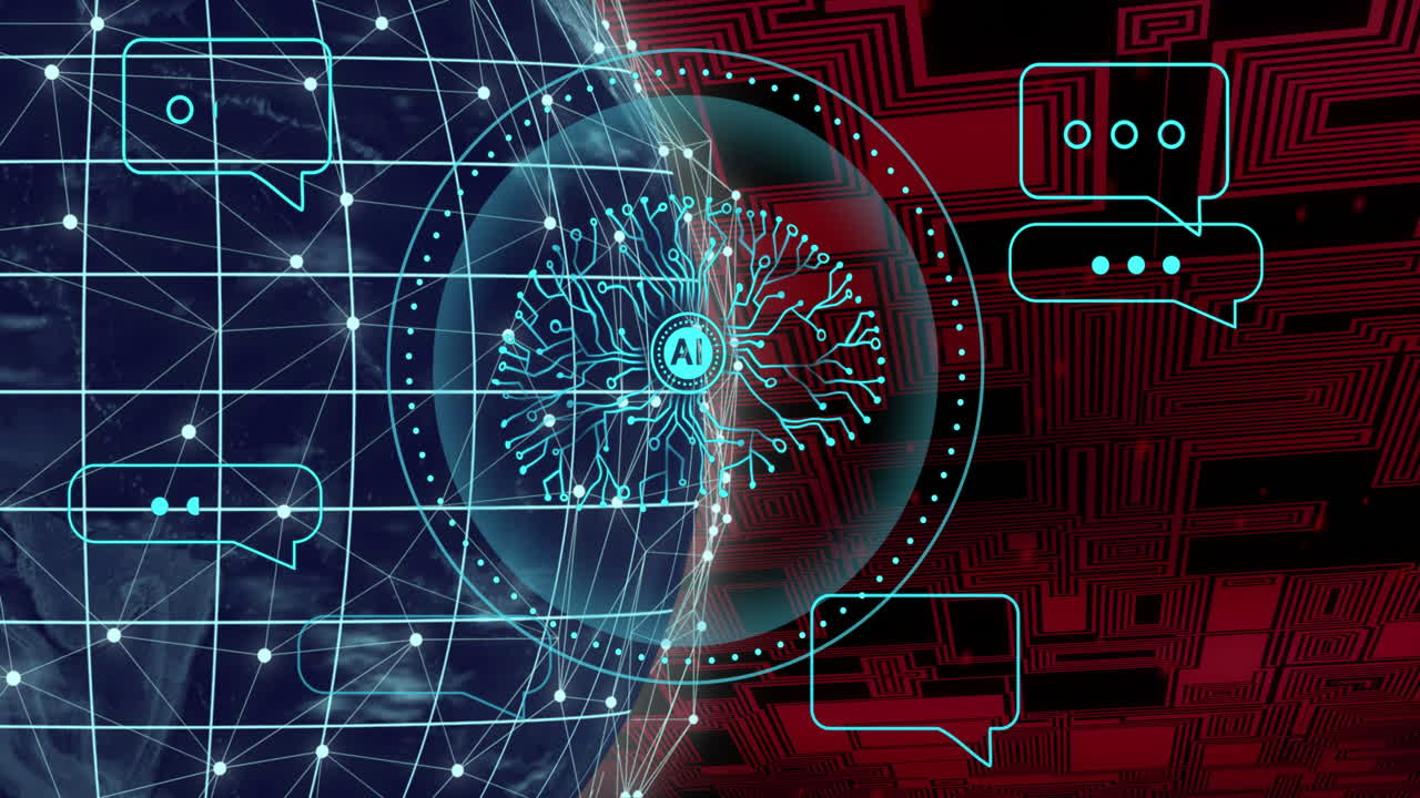 Animation of ai text, human brain and digital data processing over globe