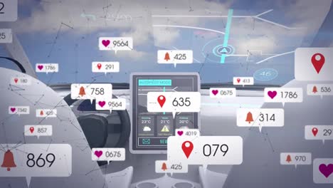 Animation-Von-Benachrichtigungen-Sozialer-Netzwerke-über-Dem-Fahrzeuginnenraum-Mit-Navigations--Und-Autopilot-Technologie