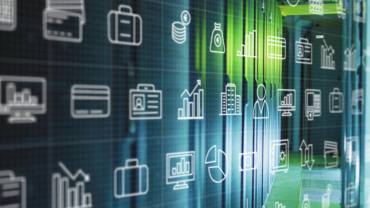 animación de iconos digitales y procesamiento de datos a través de servidores informáticos