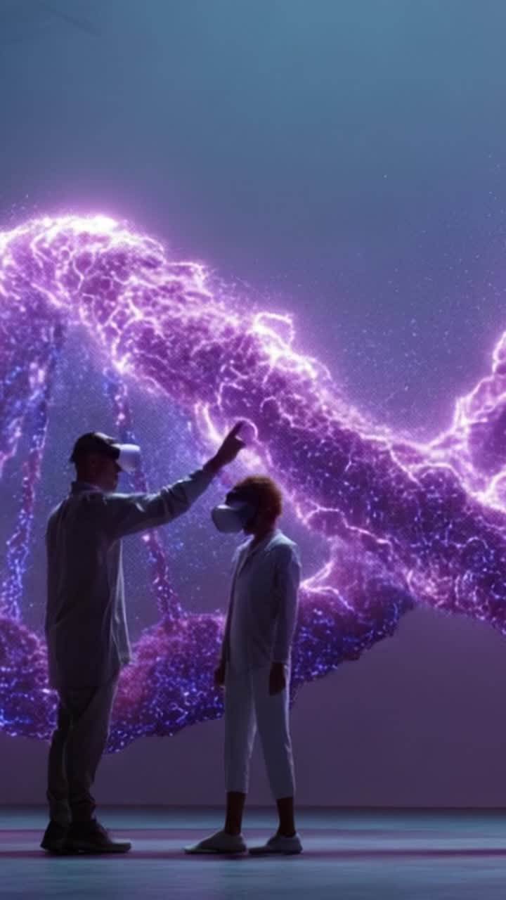 Um Encontro Fascinante entre Realidade Virtual e Ciência, com Duas Figuras Interagindo com uma Estrutura de DNA Brilhante e Dinâmica, Demonstrando a Fusão de Tecnologia e Imaginação