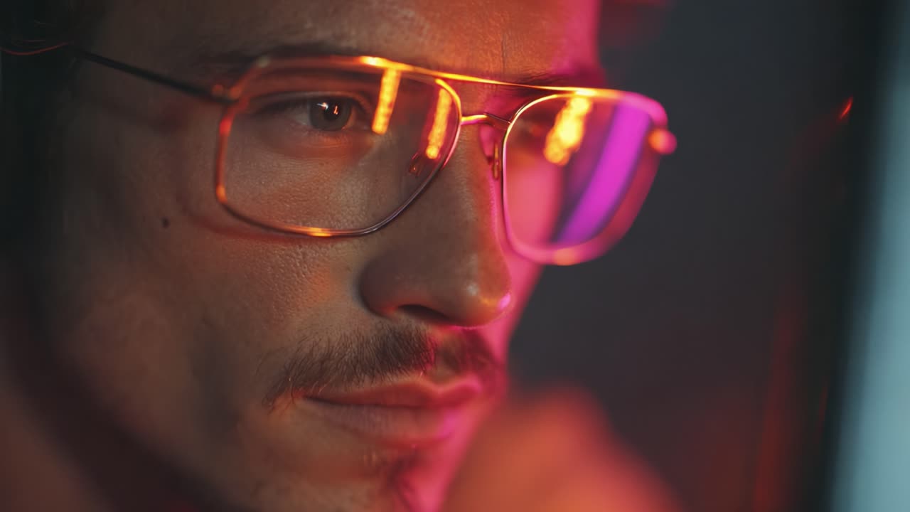 Portrait of a Thoughtful Individual with Glasses, Captured in a Colorful Light Setting, Exhibiting Intense Focus and Emotion in a Moment of Contemplation
