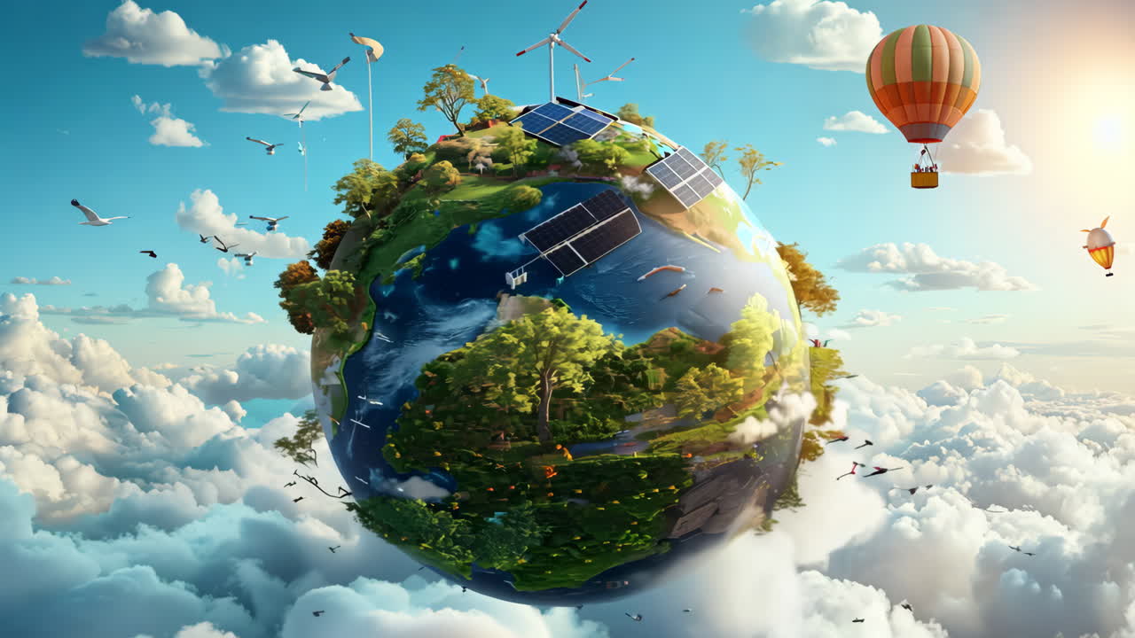 A planet with a tree on it and a hot air balloon flying over it. The hot air balloon is orange and yellow