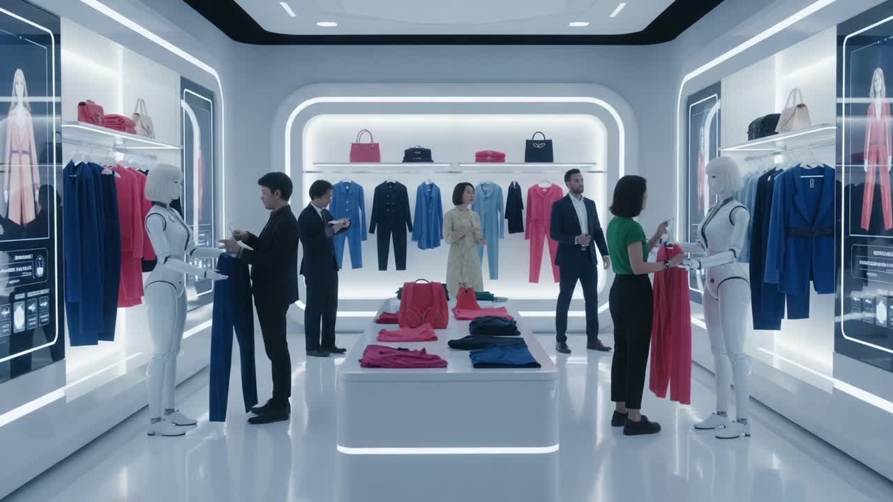 A Futuristic Retail Experience Showcasing Fashion Choices with Shoppers and Robots Interacting in a Stylish Clothing Store Environment