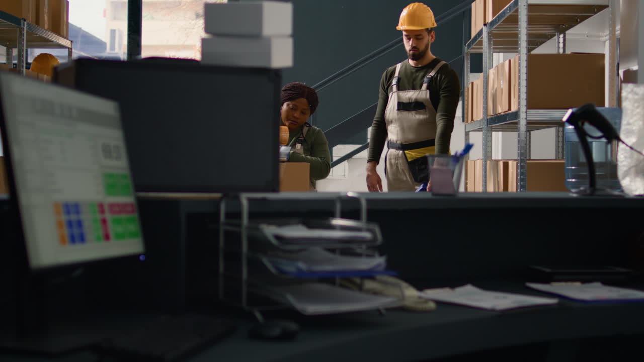 Warehouse workers packing cardboard boxes