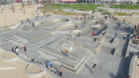 aerial view of venice beach skaters on a sakate park los angeles california