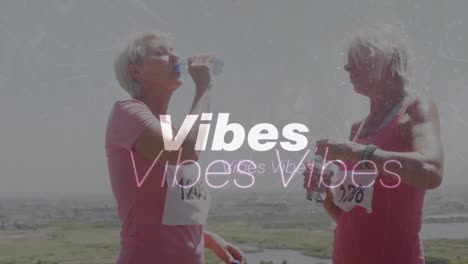 animation of text vibes, in white, over female marathon runners drinking water