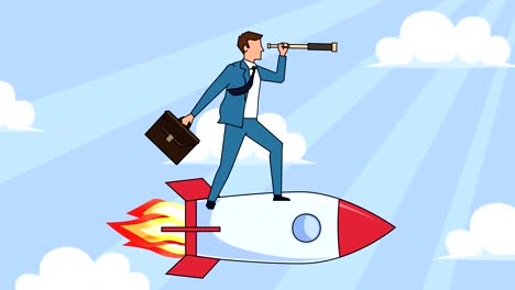 flat cartoon businessman character with case bag and looks through spyglass fly on rocket concept animation