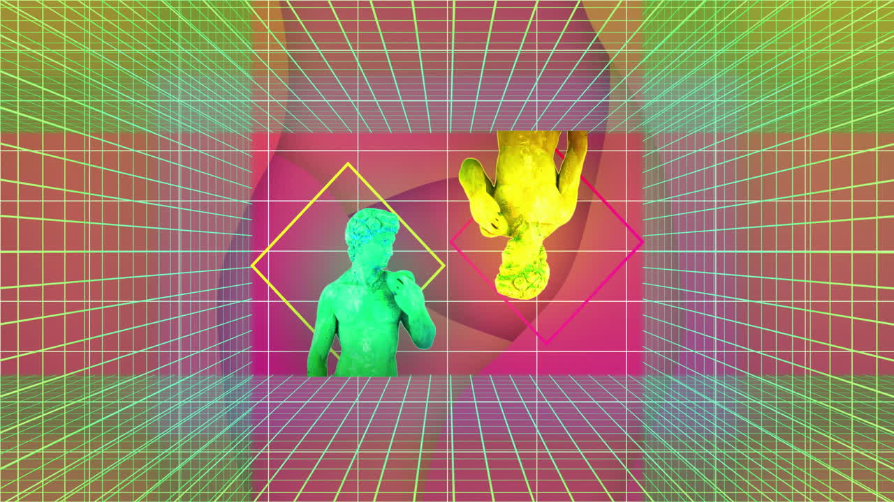 Animation of colourful shapes moving over sculptures on orange background