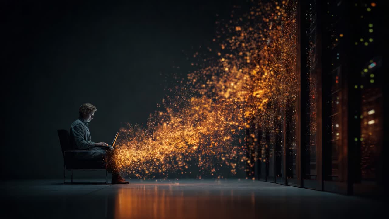 A contemplative figure sits in a dark room, absorbed in a laptop as golden particles flow from the screen, symbolizing creativity and digital innovation through technology
